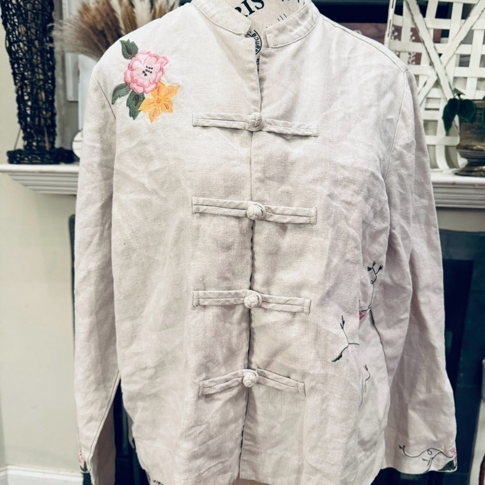 Relativity Women’s Cardigan Asian Style Jacket 100% Linen Embroidered Flowers PL